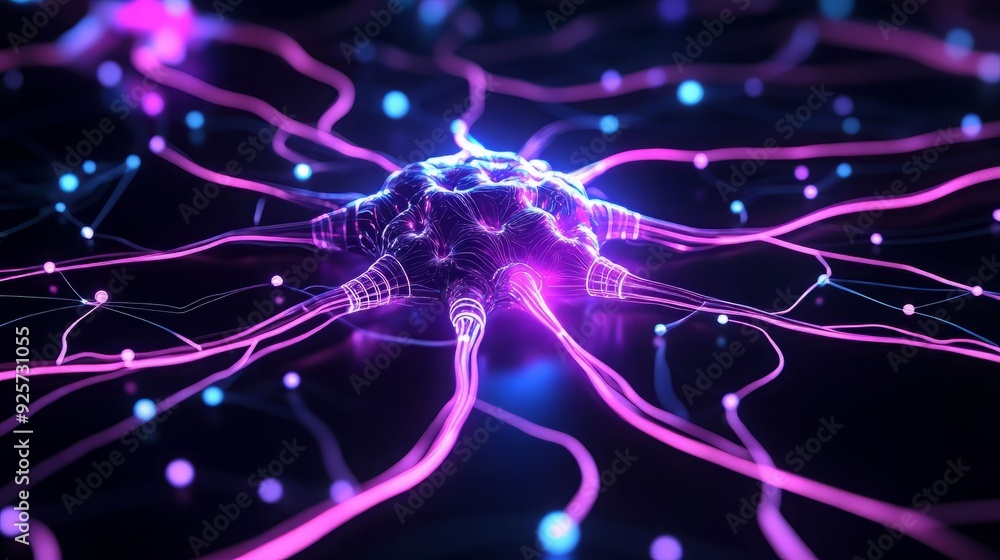 Poster a captivating visualization of a neuron, showcasing vibrant colors and intricate connections in a di