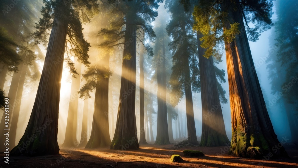 Aufkleber majestic forest with towering trees illuminated by soft sunlight filtering through fog, creating a t