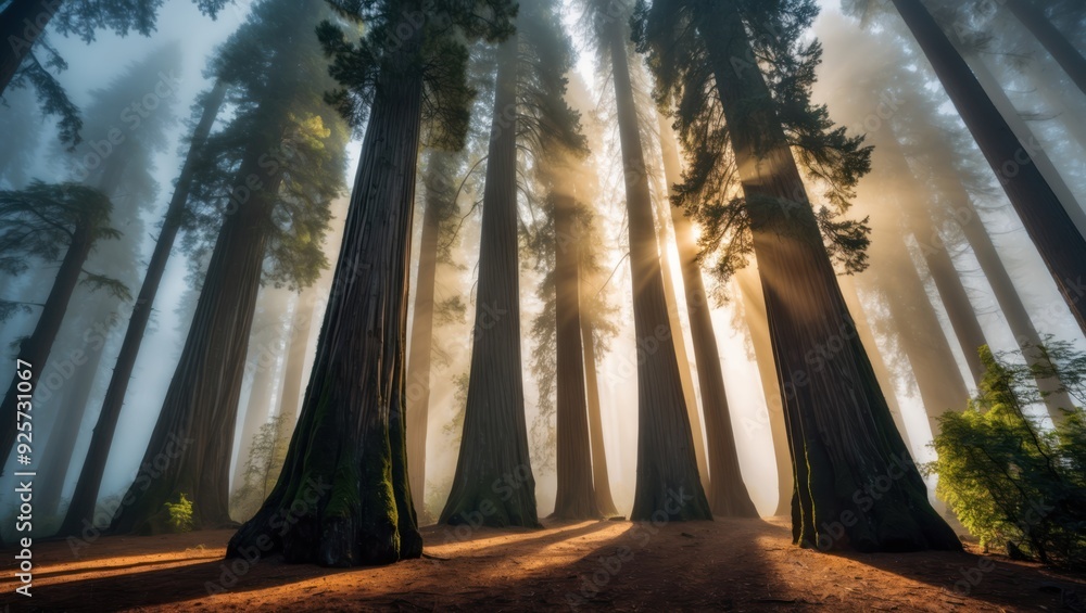 Poster sunlight filters through a majestic forest, creating an ethereal atmosphere with towering trees and 