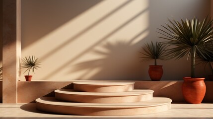 A minimalist podium with light and shadow effects, beige background.