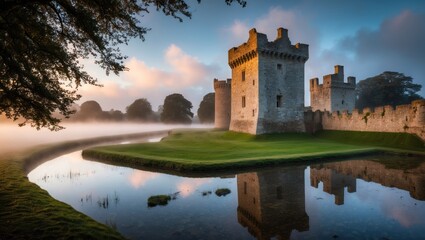 Majestic castle reflected in calm water, surrounded by serene landscape and morning fog, evoking tranquility and historical elegance