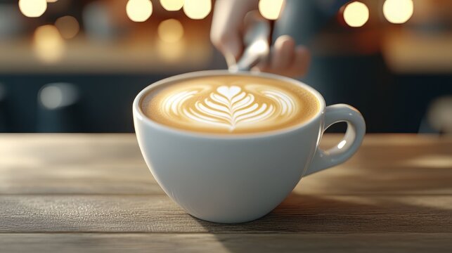 A beautifully crafted latte art on creamy coffee in a cozy cafe setting, perfect for showcasing warmth and comfort.