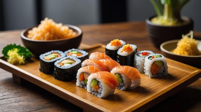 stock photography aburi sushi served aesthetically in a wooden plate and table