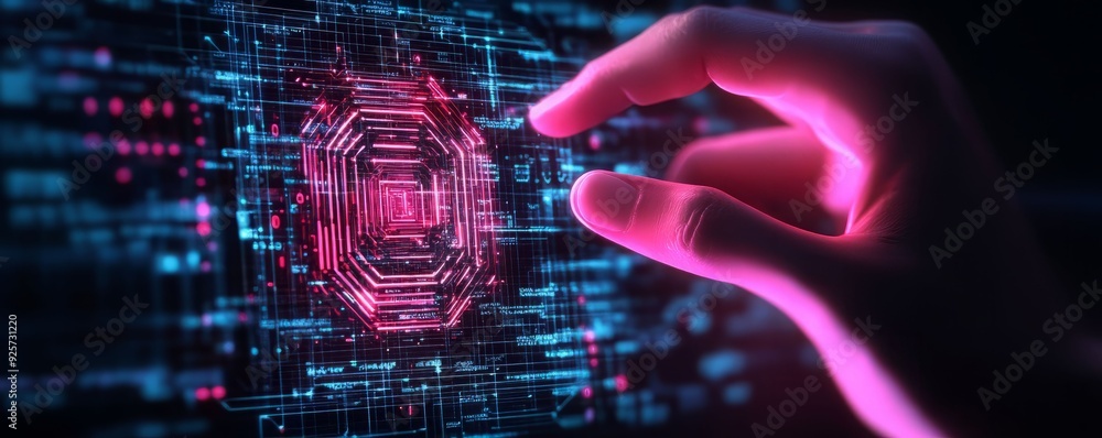 Aufkleber a futuristic hand interfacing with a digital fingerprint scanner, symbolizing security and technolog