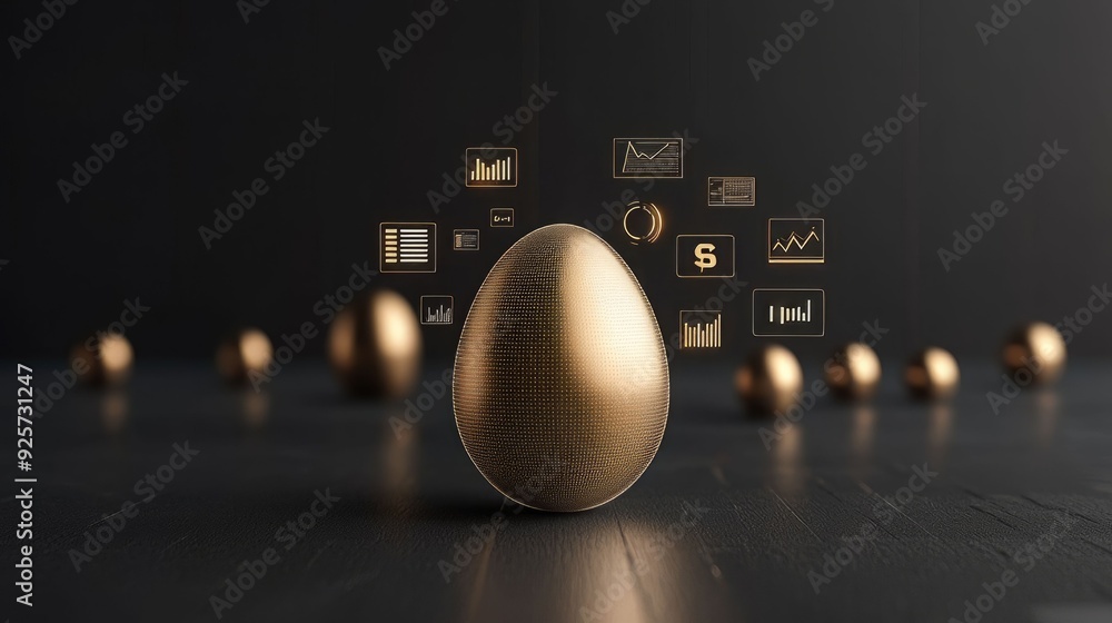 Poster a golden egg symbolizes wealth and success, surrounded by digital icons representing data and analyt