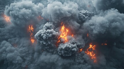 Fire and smoke chaos: A scene of fire explosion particles amidst thick gray smoke clouds, capturing the raw power of a violent explosion, with copy space