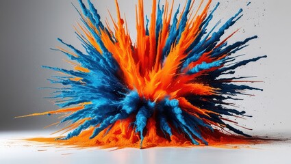 Dynamic explosion of orange and blue powder creates vibrant visual energy, perfect for artistic, creative projects or festive occasions