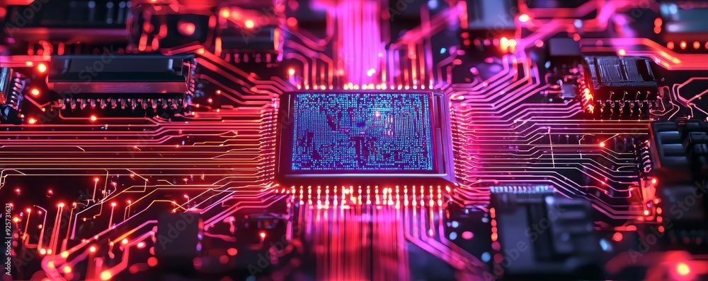 Poster close-up of a vibrant circuit board with led lighting, showcasing intricate components and modern te
