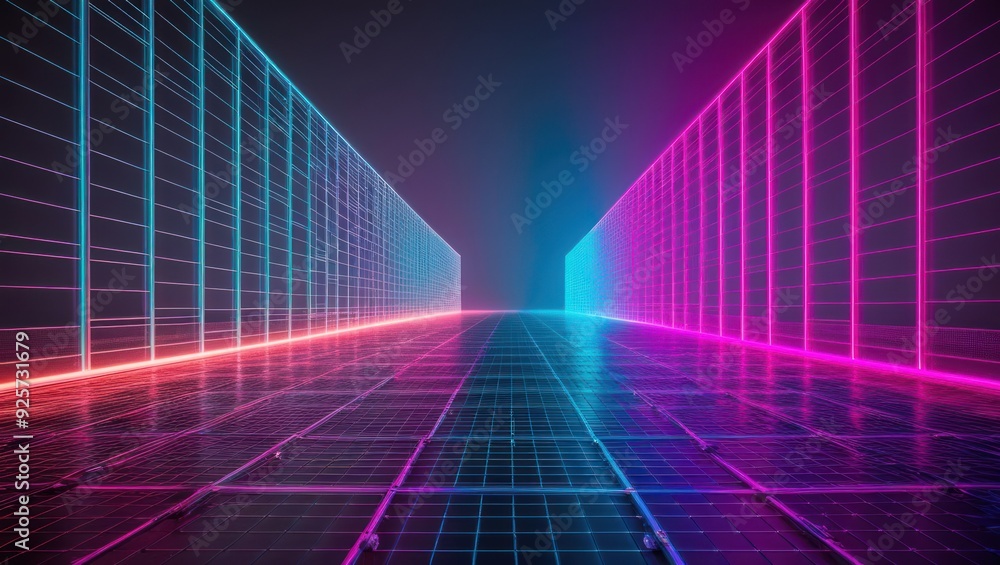 Poster vibrant neon grid landscape with glowing lines creating a futuristic atmosphere perfect for technolo