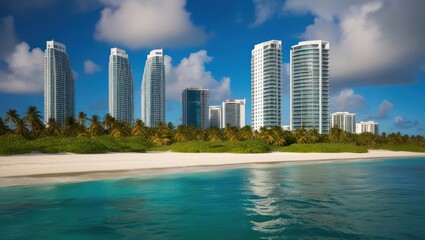 Naklejka premium Vibrant beach scene featuring modern skyscrapers, palm trees, and crystal clear water, perfect for summer vacations and upscale travel experiences