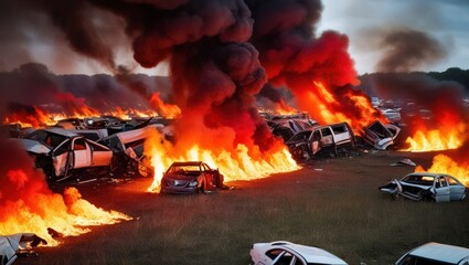 Burning cars surrounded by thick smoke create a scene of chaos and destruction, highlighting environmental impact and emergency response scenarios