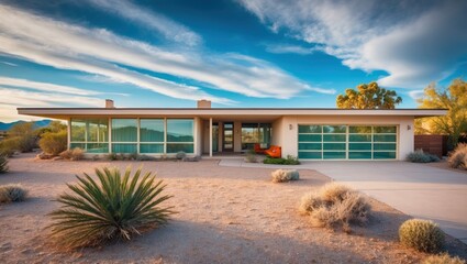 Modern desert house showcases sleek architecture with expansive glass windows, blending indoor and outdoor elements in a serene environment