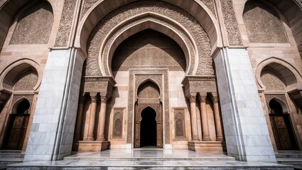 Obraz premium Ornate marble entrance of an Islamic architectural masterpiece, showcasing intricate carvings and historical significance, ideal for cultural and travel themes