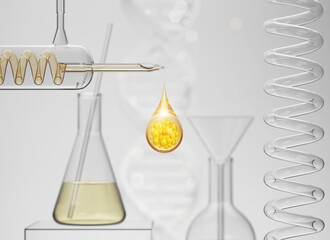 Cosmetic pipette with Cosmetic Essence oil and DNA structure, Liquid drop in medical science lab...