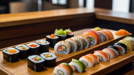 stock photography kaiten sushi conveyor belt sushi served aesthetically in a wooden plate and table