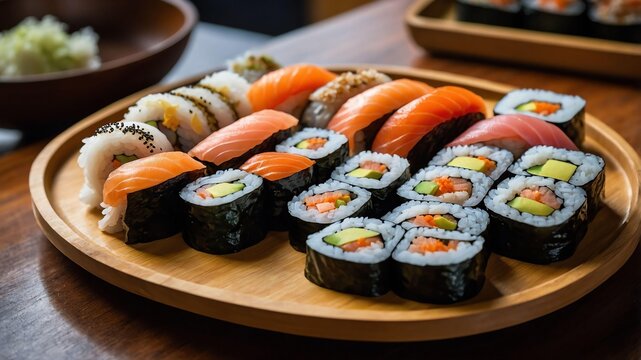 stock photography kaiten sushi conveyor belt sushi served aesthetically in a wooden plate and table