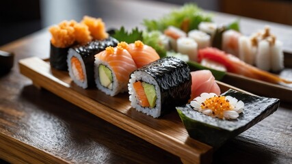 stock photography oshi sushi pressed sushi served aesthetically in a wooden plate and table