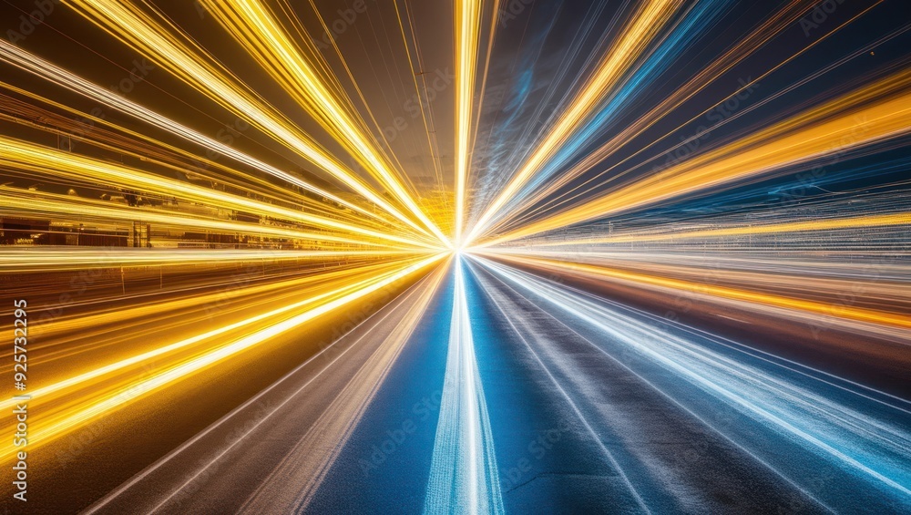 Poster dynamic light trails create a vibrant scene, illustrating motion and speed in an urban environment, 