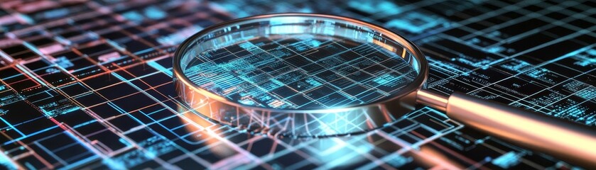 Digital forensics investigation A magnifying glass overlaid on a grid of digital data, highlighting critical analysis in cybersecurity