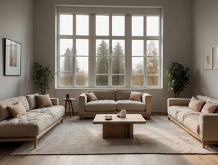Obraz premium Minimalist living room with two beige sofas, wooden coffee table and large window with a view of trees.
