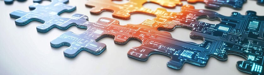 Technology integration puzzle Puzzle pieces with embedded digital circuits connecting together, representing the integration of multiple APIs