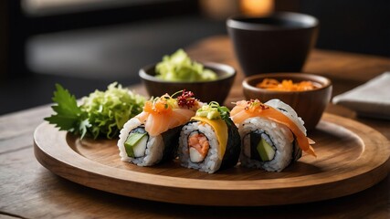 stock photography sushi tacos served aesthetically in a wooden plate and table