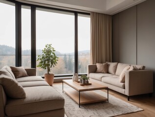 Fototapeta premium Modern Living Room with Beige Sofa, Coffee Table, and Panoramic View