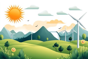 Obraz premium A vibrant landscape showcasing renewable energy with wind turbines, rolling hills, a bright sun, and lush greenery.