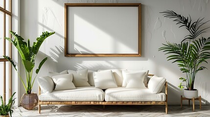Mockup frame close up in coastal style home interior background, 3d render