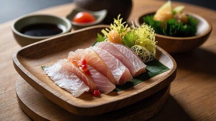 stock photography yellowtail sashimi served aesthetically in a wooden plate and table