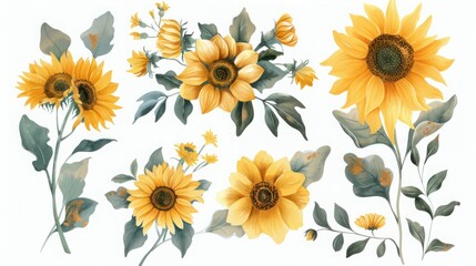 set of yellow flowers, sunflowers with leaves, botanical picture, floral design