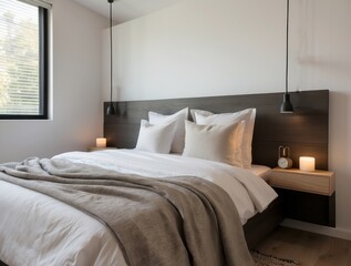 Minimalist Bedroom with White Bed and Brown Headboard