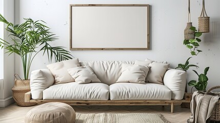 Mockup frame close up in coastal style home interior background, 3d render
