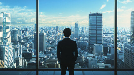 Fototapeta premium Japanese executive looking at a city skyline from the office