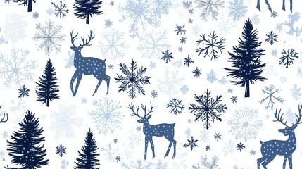 Sierkussen Nordic winter seamless pattern with stylized snowflakes, reindeer, and pine trees in a cool blue and white palette, winter seamless pattern, Scandinavian winter design