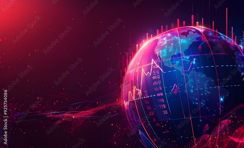 Poster a dynamic stock market graph with red and blue colors, set against the backdrop of an abstract digit