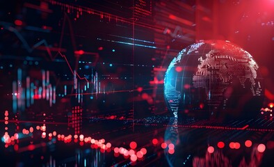 A digital globe with global financial data and stock market charts.