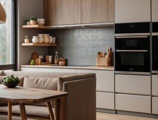 Modern Kitchen Interior with Wooden Accents and a Beige Sofa