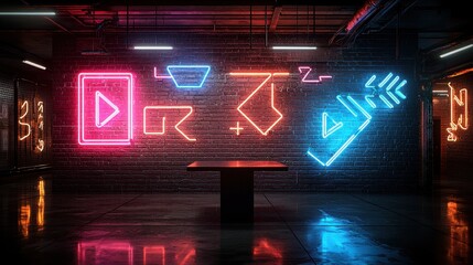A dimly lit urban scene featuring a dark brick wall adorned with vibrant neon signs, glowing in shades of electric blue and pink. In the center, a sleek black table with a minimalist design stands
