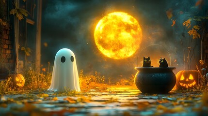 Spooky 3D cartoon Halloween design with a ghostly figure, a cauldron, and a black cat under a full moon.