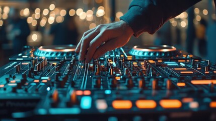 Close-up of a DJ mixing tracks at a neon-themed party, with the DJ is hands on the turntables and bright neon lights reflecting off the equipment. The background shows partygoers in motion, with the