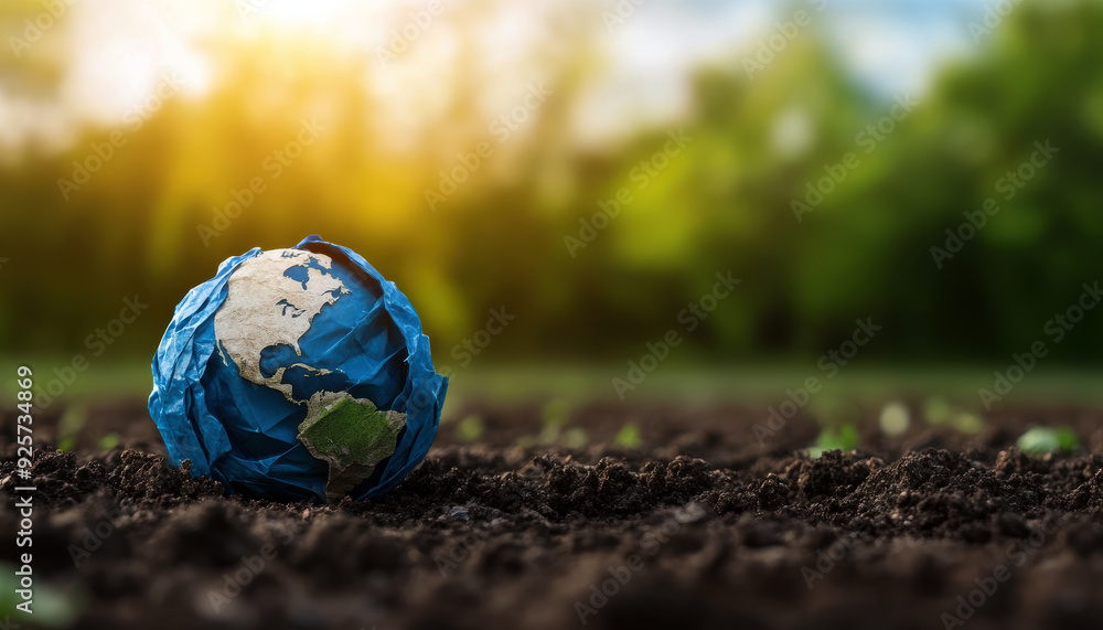 Poster a blue paper globe is on the ground in front of a green forest. the globe is slightly crushed and ha