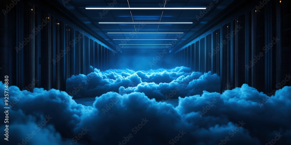 Poster a blue sky with clouds is shown in a computer generated image. the sky is filled with clouds, giving
