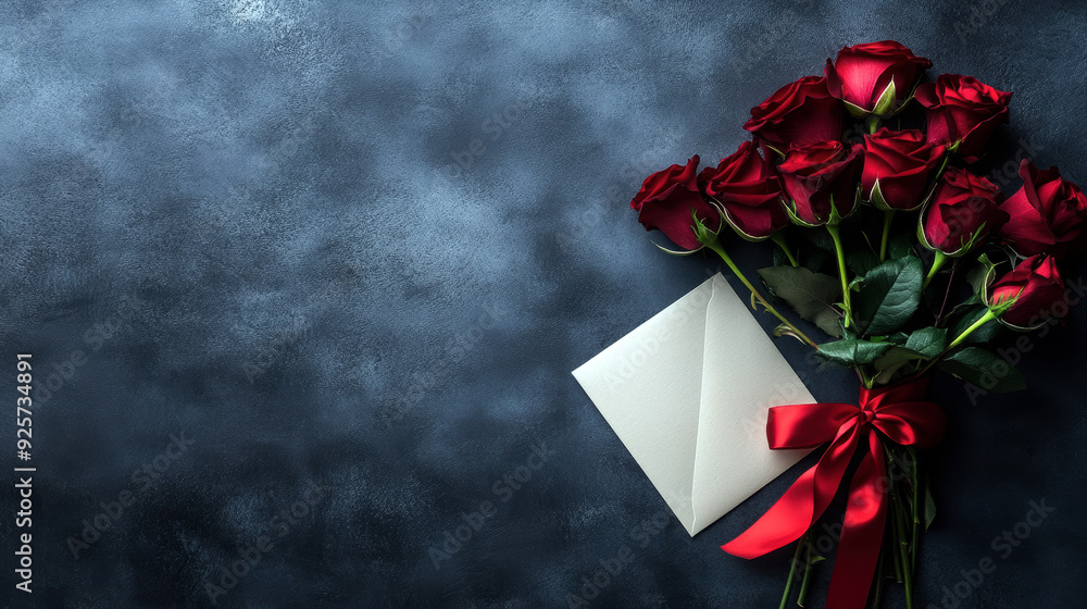 Poster a bouquet of red roses sits on a table next to a white envelope. the roses are arranged in a way tha