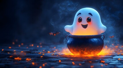 A 3D cartoon Halloween design with a ghost, a bat, and a cauldron, ideal for spooky greeting cards.