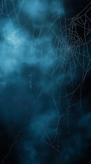 Foggy horror midnight view of blank spooky dark blue sky with spider web or cobweb