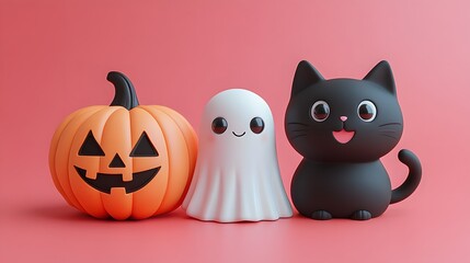 Set of 3D cartoon Halloween elements with a magic book, a ghost, and a black cat, perfect for festive cards.