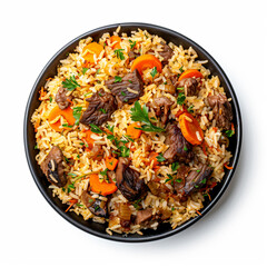 a bowl of rice with meat and vegetables