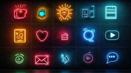 A vibrant set of neon stickers showcasing various social media icons and playful emojis in bright pink, blue, and green hues, designed to stand out on an Instagram feed