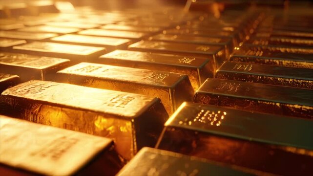 Rows of gold bars. Financial economy banking concept. Glittering shiny golden precious metal background